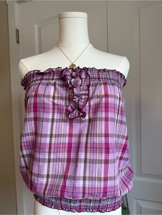 Max Rave Tops - Y2K Max Rave Off-Shoulder Pink & Purple Plaid Ruffle Tube Top
